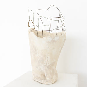 Handmade by artist Jennifer Alden Design, Vessel Study No. 44 is a contemporary sculpture made from paper clay, plaster, paint and wire. This sculpture is designed for tabletop or floor placement. Each unique vessel in this collection is one-of-a-kind, rare, and both primitive and modern. Back angle.
