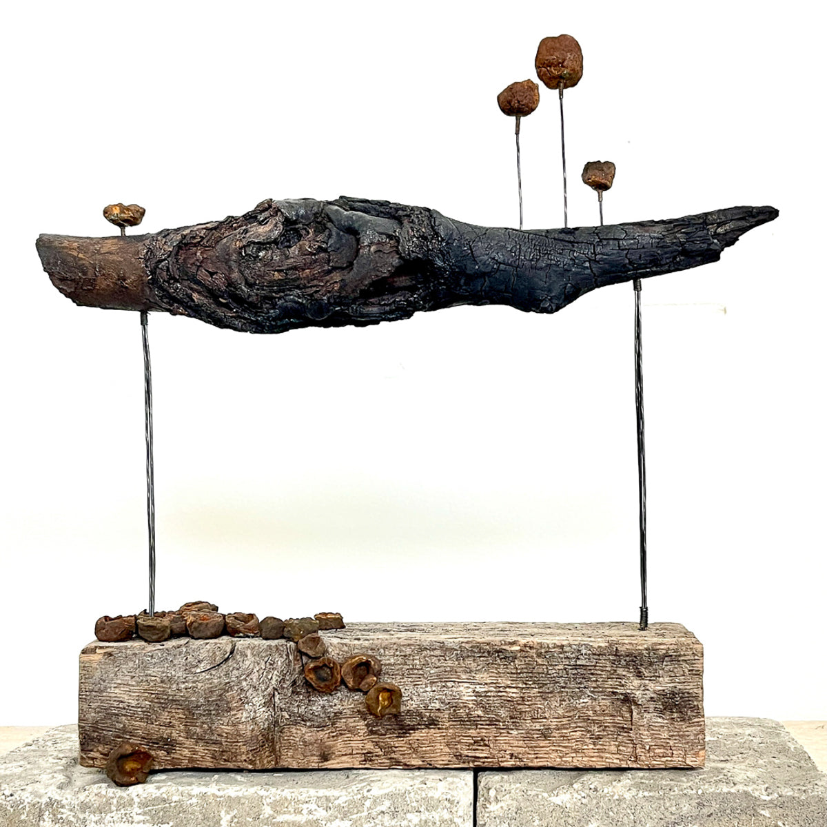 Jennifer Alden Design one-of-a-kind contemporary sculpture made from paper clay, wire and salvaged wood from the 2021 Bridger Foothills Fire. Extraction: Art on the Edge of the Abyss exhibit at Echo Art Gallery Bozeman Montana.