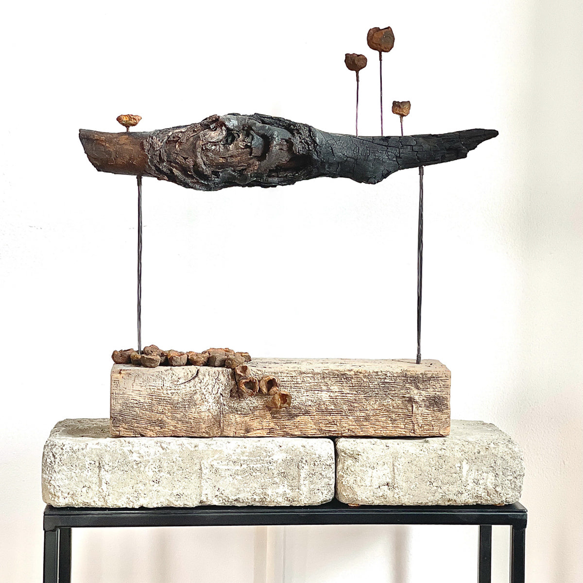 Jennifer Alden Design one-of-a-kind contemporary sculpture made from paper clay, wire and salvaged wood from the 2021 Bridger Foothills Fire.