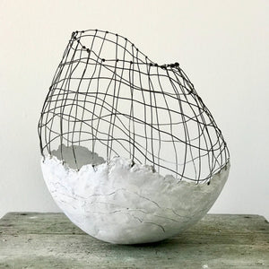 Handmade by designer Jennifer Alden, Vessel Study No. 35 is a contemporary sculpture made from paper clay, plaster, paint and wire. Each unique vessel in this collection is one-of-a-kind, rare, and both primitive and modern. 
