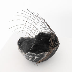 Handmade by artist Jennifer Alden Design, Vessel Studies are contemporary sculptures made from paper clay, plaster, paint and wire. Each one-of-a-kind, rare, and both primitive and modern. Detail of wire weaving.
