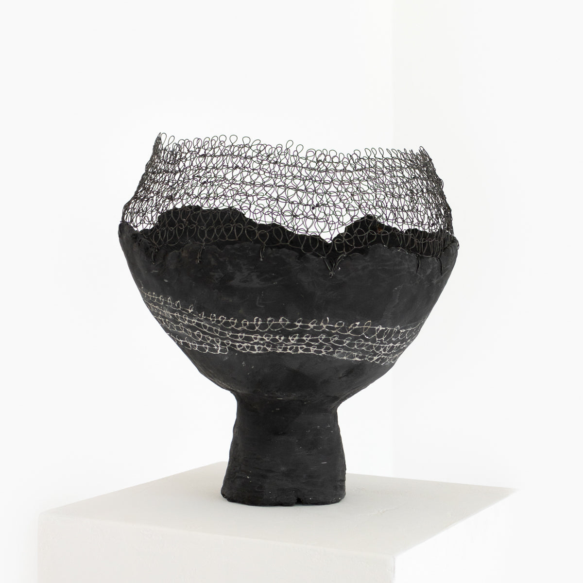 Handmade by designer Jennifer Alden, Vessel Study No. 39 is a contemporary sculpture made from paper clay, plaster, paint and wire. Each vessel in this collection is one-of-a-kind, rare, and both primitive and modern. 