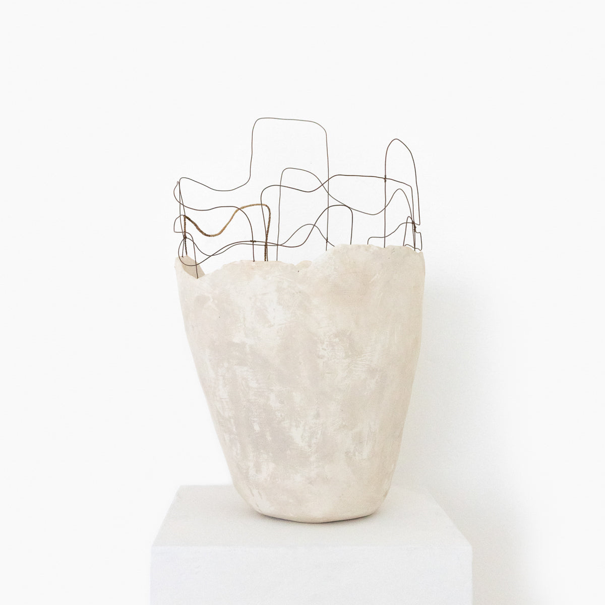 Handmade by artist Jennifer Alden Design, Vessel Study No. 43 is a contemporary sculpture made from paper clay, plaster, paint and wire. This sculpture is designed for tabletop or floor placement. Each unique vessel in this collection is one-of-a-kind, rare, and both primitive and modern. 