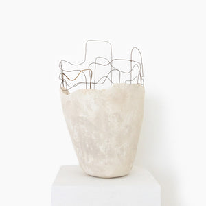 Handmade by artist Jennifer Alden Design, Vessel Study No. 43 is a contemporary sculpture made from paper clay, plaster, paint and wire. This sculpture is designed for tabletop or floor placement. Each unique vessel in this collection is one-of-a-kind, rare, and both primitive and modern. 