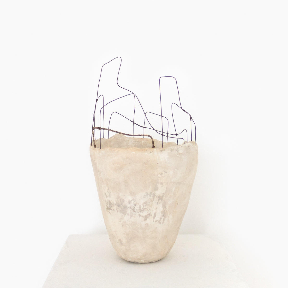 Handmade in Montana by artist Jennifer Alden Design, Vessel Study No. 45 is a contemporary sculpture made from paper clay, plaster, paint and wire. This sculpture is designed for tabletop or floor placement. Each unique vessel in this collection is one-of-a-kind, rare, and both primitive and modern. 