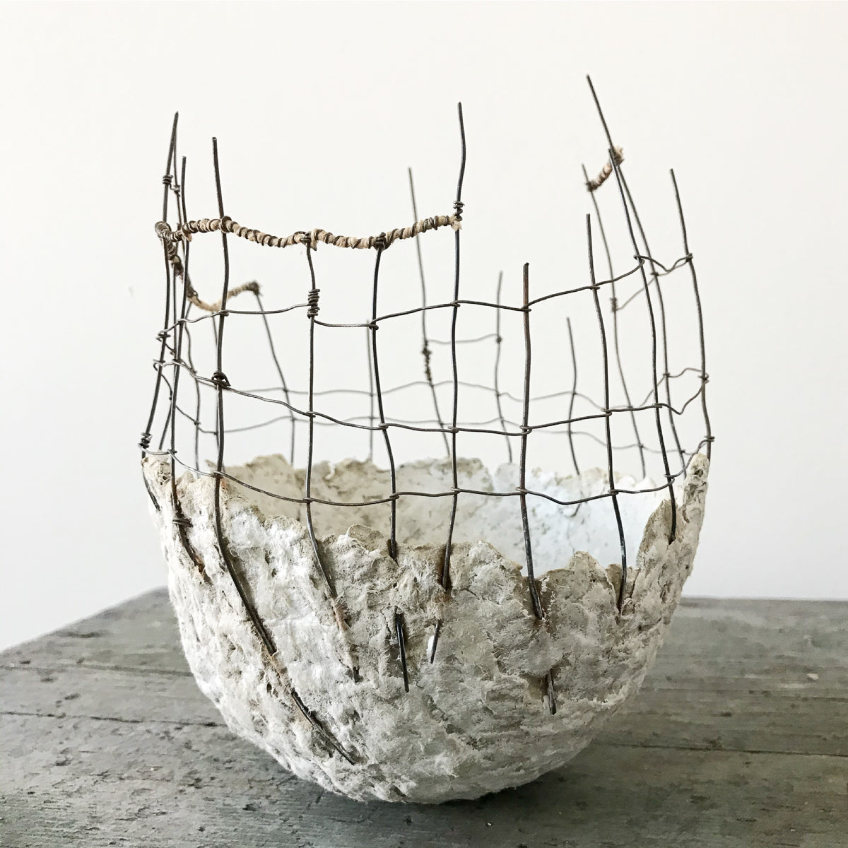 Handmade by Montana artist Jennifer Alden Design, Vessel Study No. 48 is a contemporary sculpture made from paper clay, paint, wire and hemp. Each unique vessel in this collection is one-of-a-kind, rare, and both primitive and modern. 